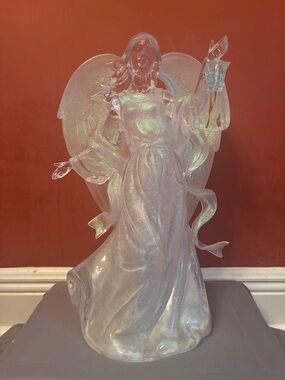 Vintage Pearlescent White Angel Figurine Home Art Sculpture, 16” tall